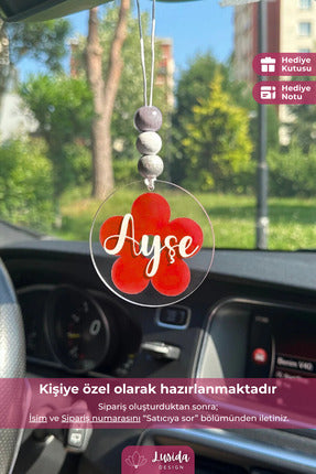 Kırmızı Papatya Tasarımlı Kişiye Özel Dikiz Aynası Süsü Hediye Kutulu Araba Süsü