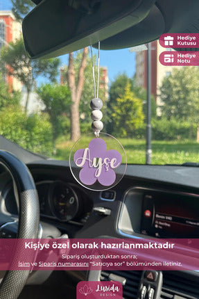 Mor Papatya Tasarımlı Kişiye Özel Dikiz Aynası Süsü Hediye Kutulu Araba Süsü