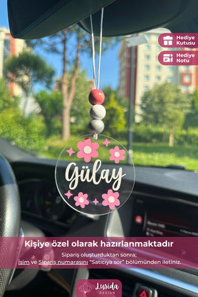 Pembe Çiçek Tasarımlı Kişiye Özel Dikiz Aynası Süsü Hediye Kutulu Araba Süsü