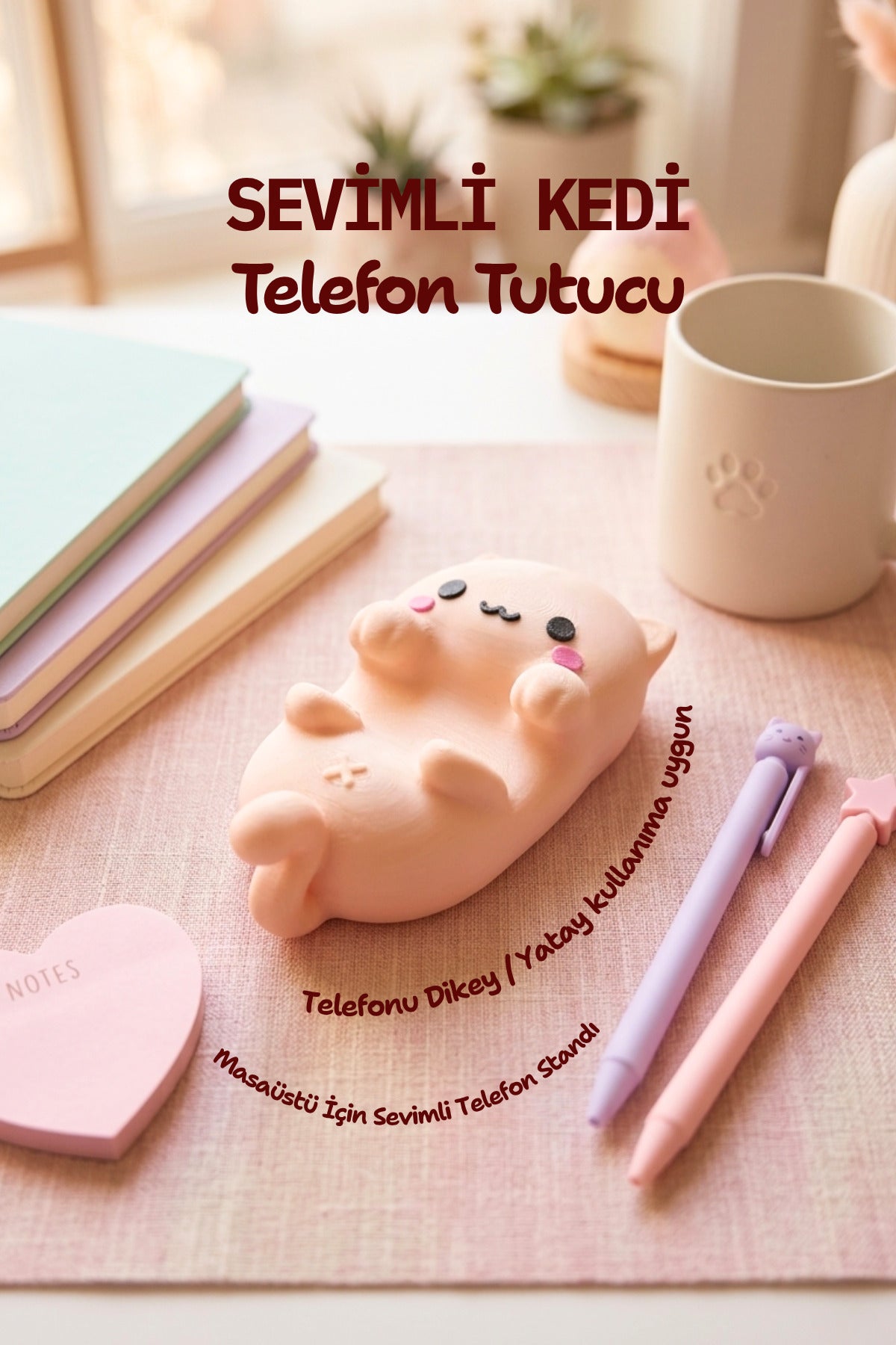 Sevimli Kedi Figürlü Telefon Tutucu Masa Üstü Dekoratif Telefon Standı, Ofis & Ev Aksesuarı