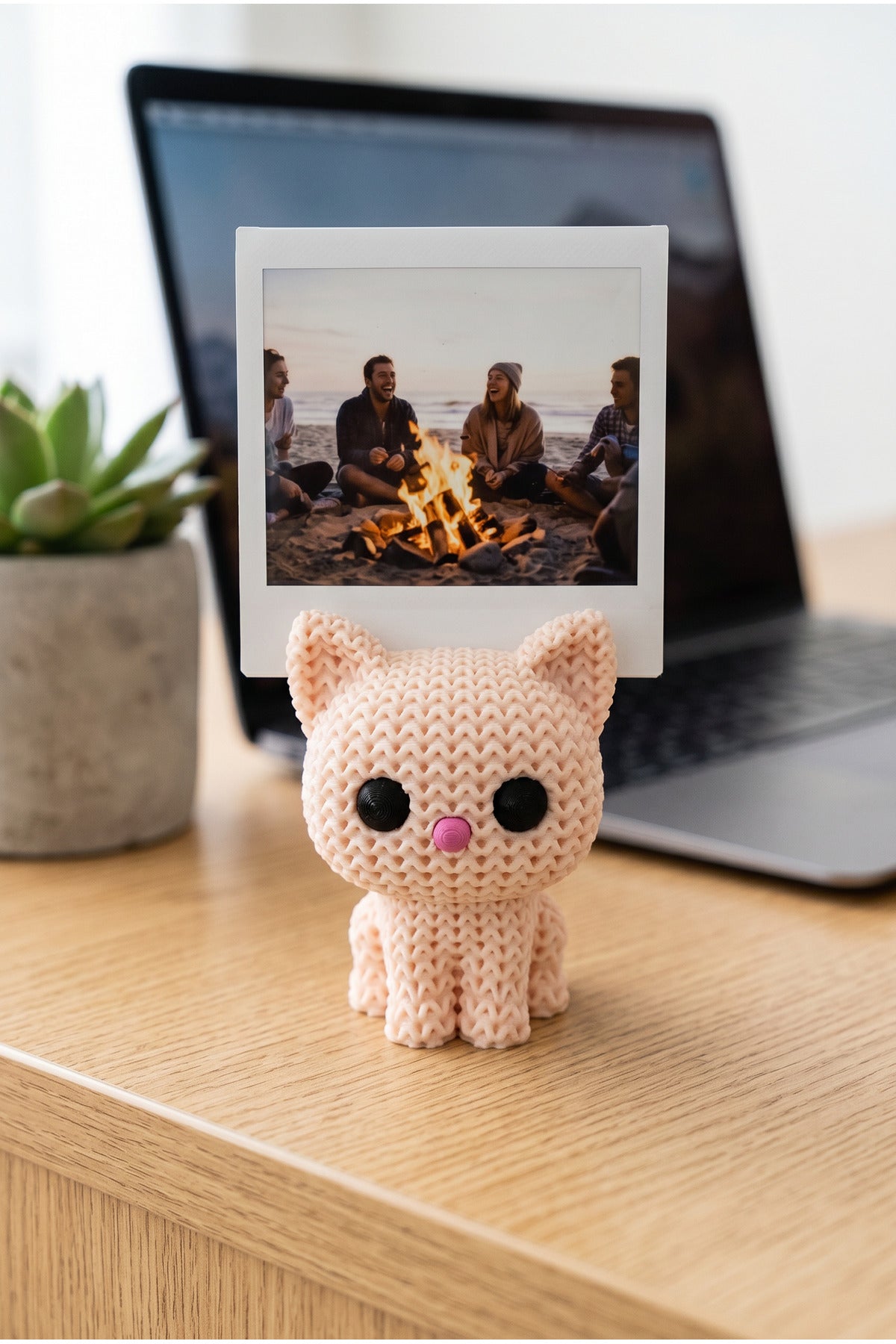 Örgü Desenli Sevimli Kedi Polaroid Fotoğraf Tutucu Masaüstü Dekoratif Gri Stand