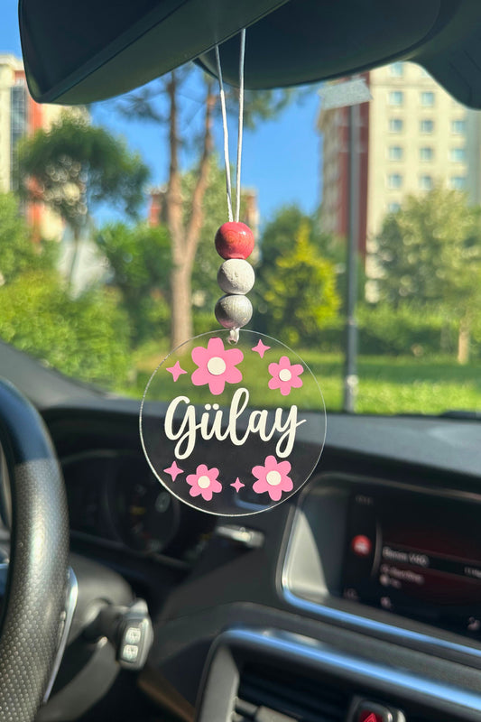 Kişiye Özel Pembe Çiçek Dikiz Aynası Süsü