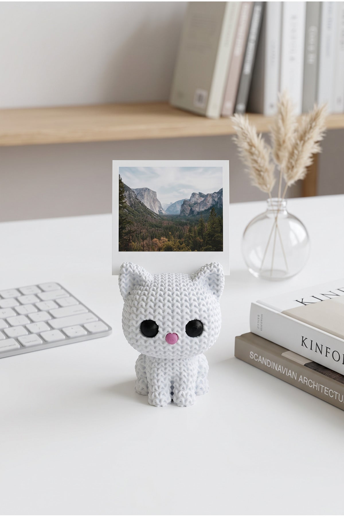 Örgü Desenli Sevimli Kedi Polaroid Fotoğraf Tutucu Masaüstü Dekoratif Gri Stand