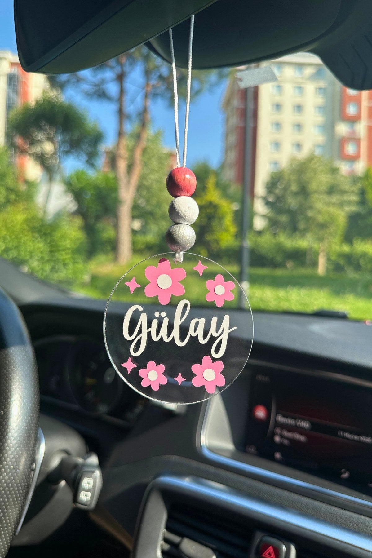 Kişiye Özel Pembe Çiçek Dikiz Aynası Süsü